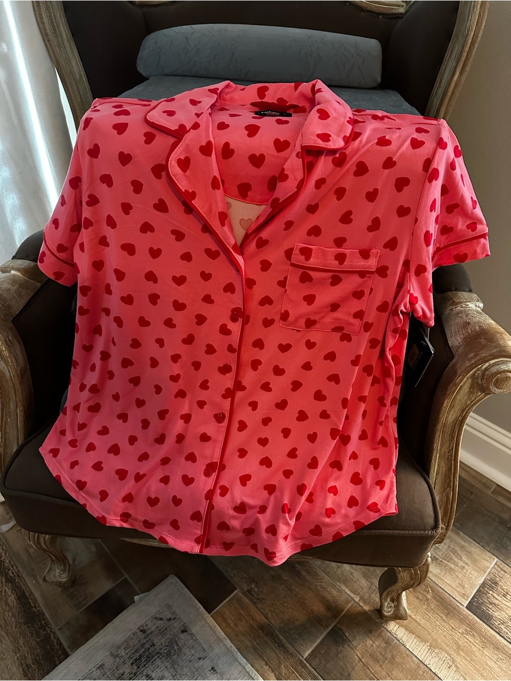 Kate Spade Pink and Red Heart Print Button Up Pajama Top